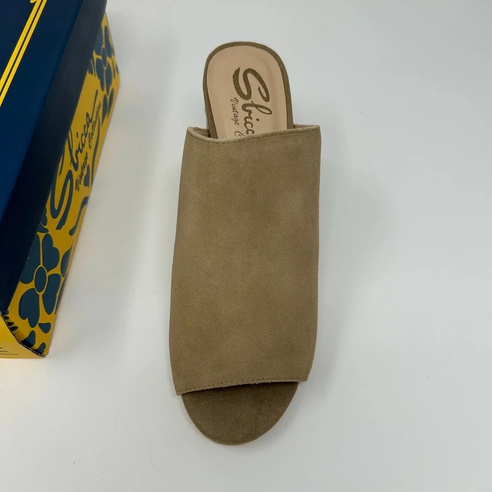 Sbicca Vintage Collection Helena Women 9 Sandal Natural Suede Block Heel Slip On